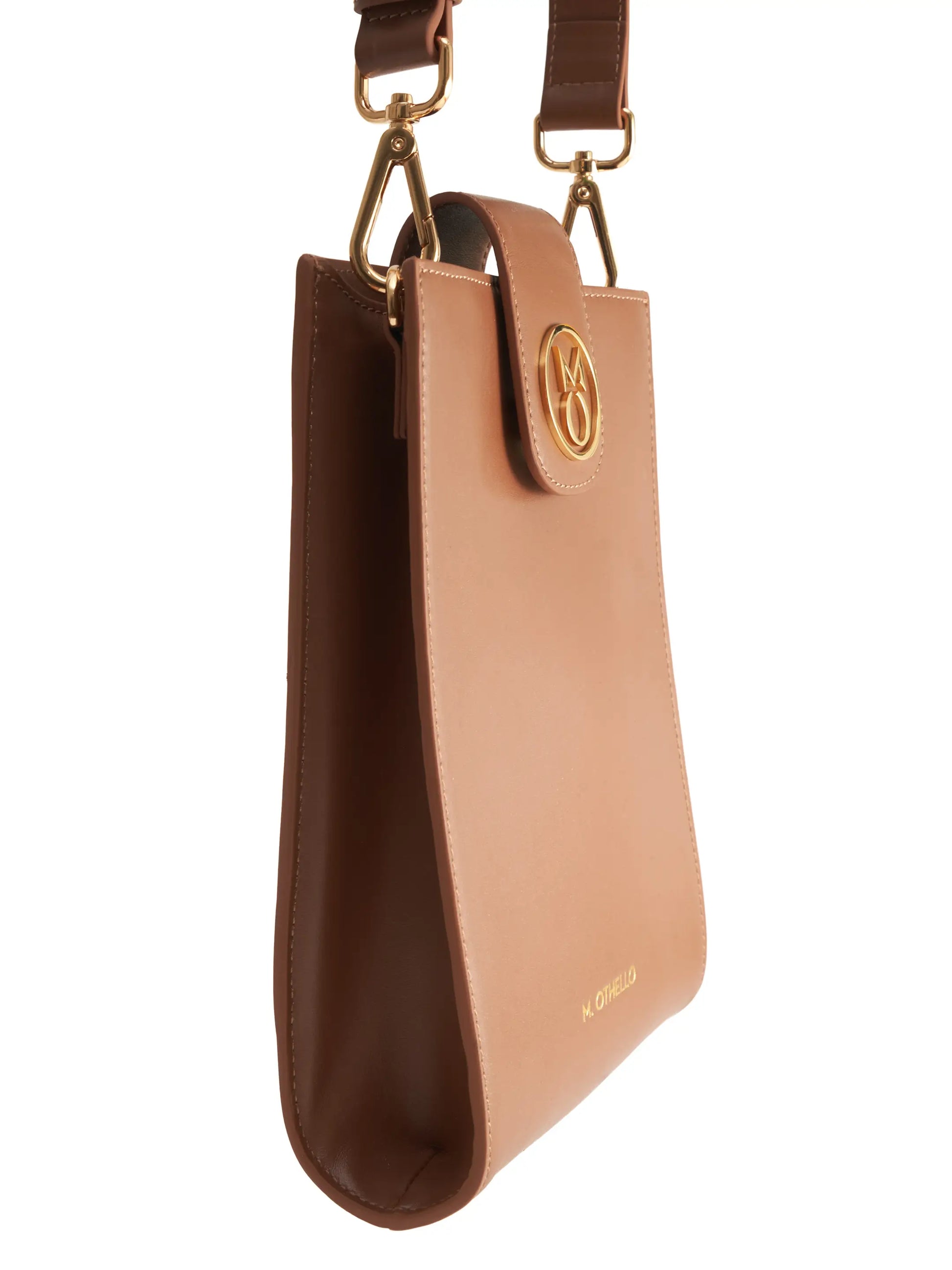 Chocolate Brown Crossbody Bag with 'M. Othello' branding on a light background