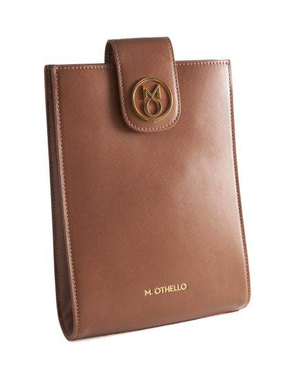 Chocolate Brown Crossbody Bag with 'M. Othello' branding on a light background