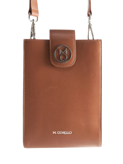 Chocolate Brown Crossbody Bag with 'M. Othello' branding on a light background