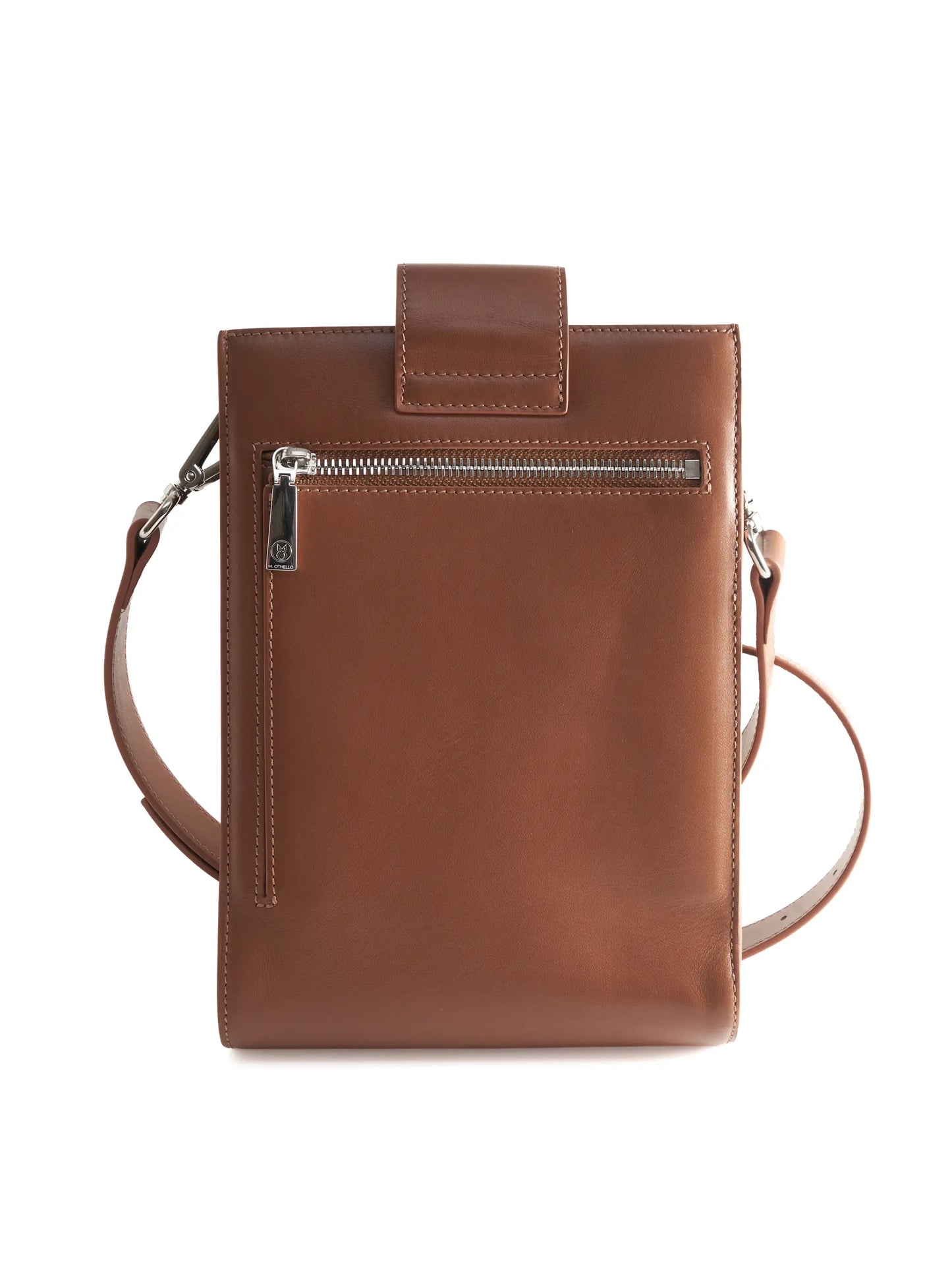 Chocolate Brown Crossbody Bag with 'M. Othello' branding on a light background