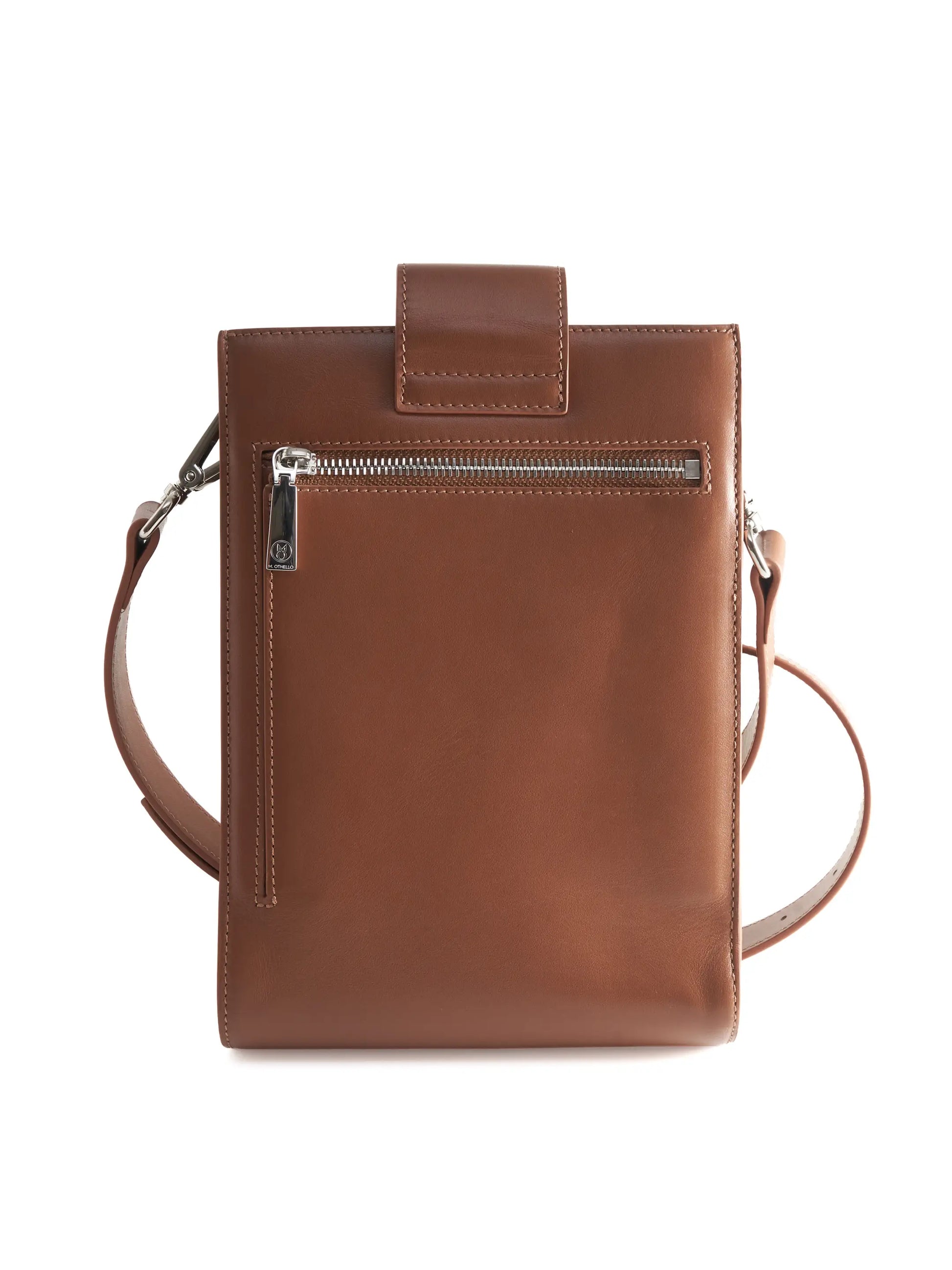 Chocolate Brown Crossbody Bag with 'M. Othello' branding on a light background