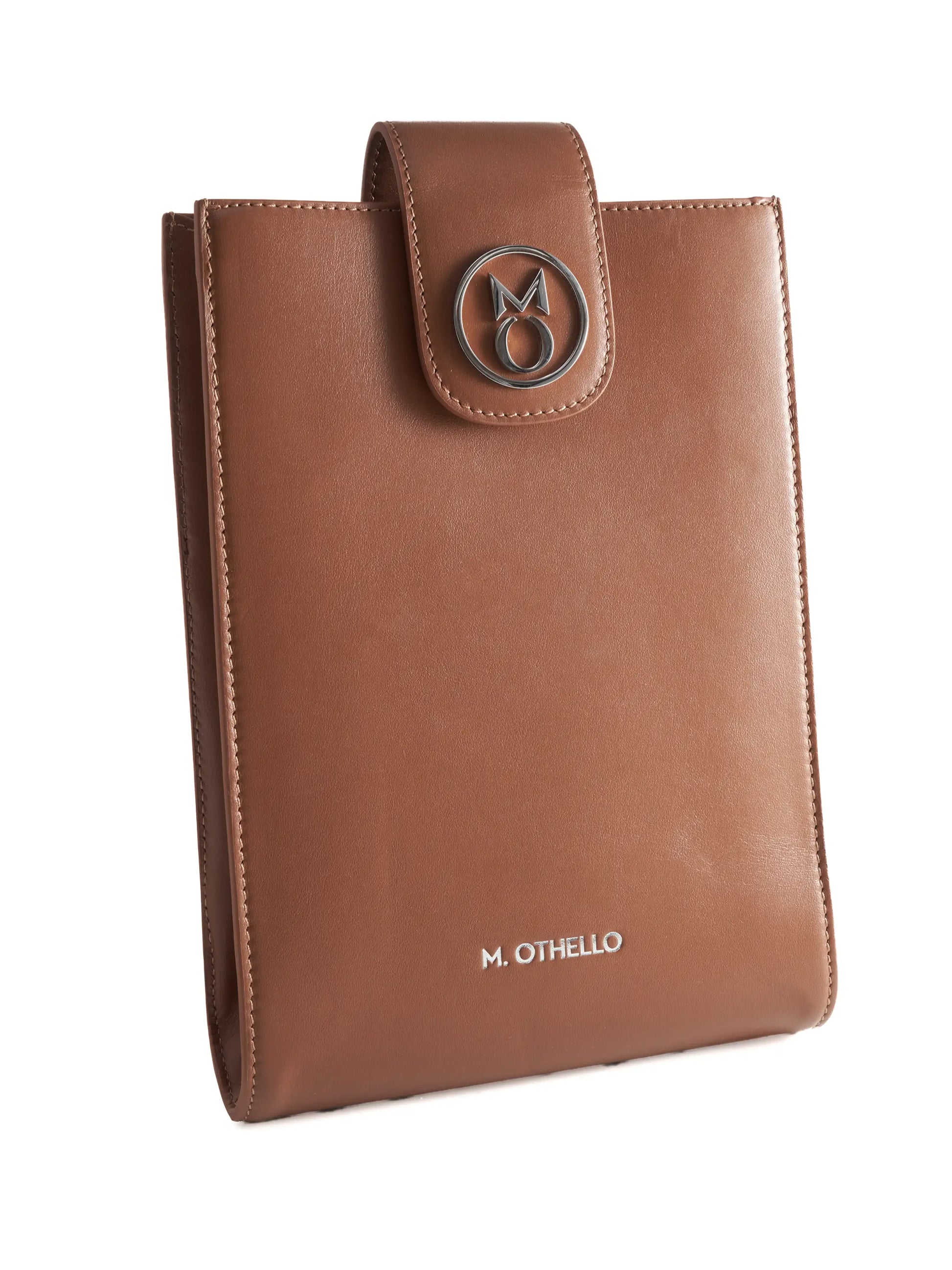 Chocolate Brown Crossbody Bag with 'M. Othello' branding on a light background