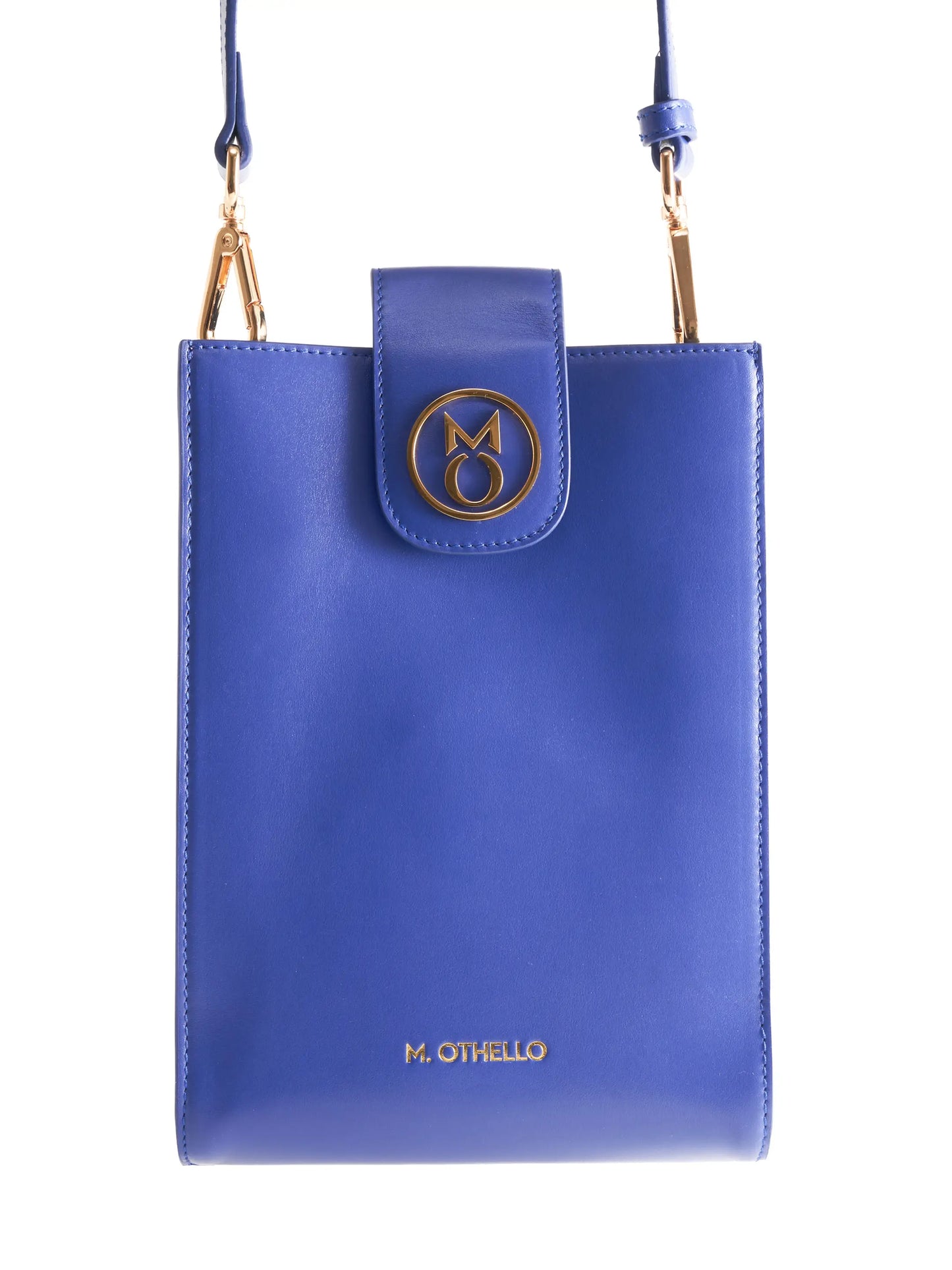 Cobalt Blue Crossbody Bag with 'M. Othello' branding on a light background