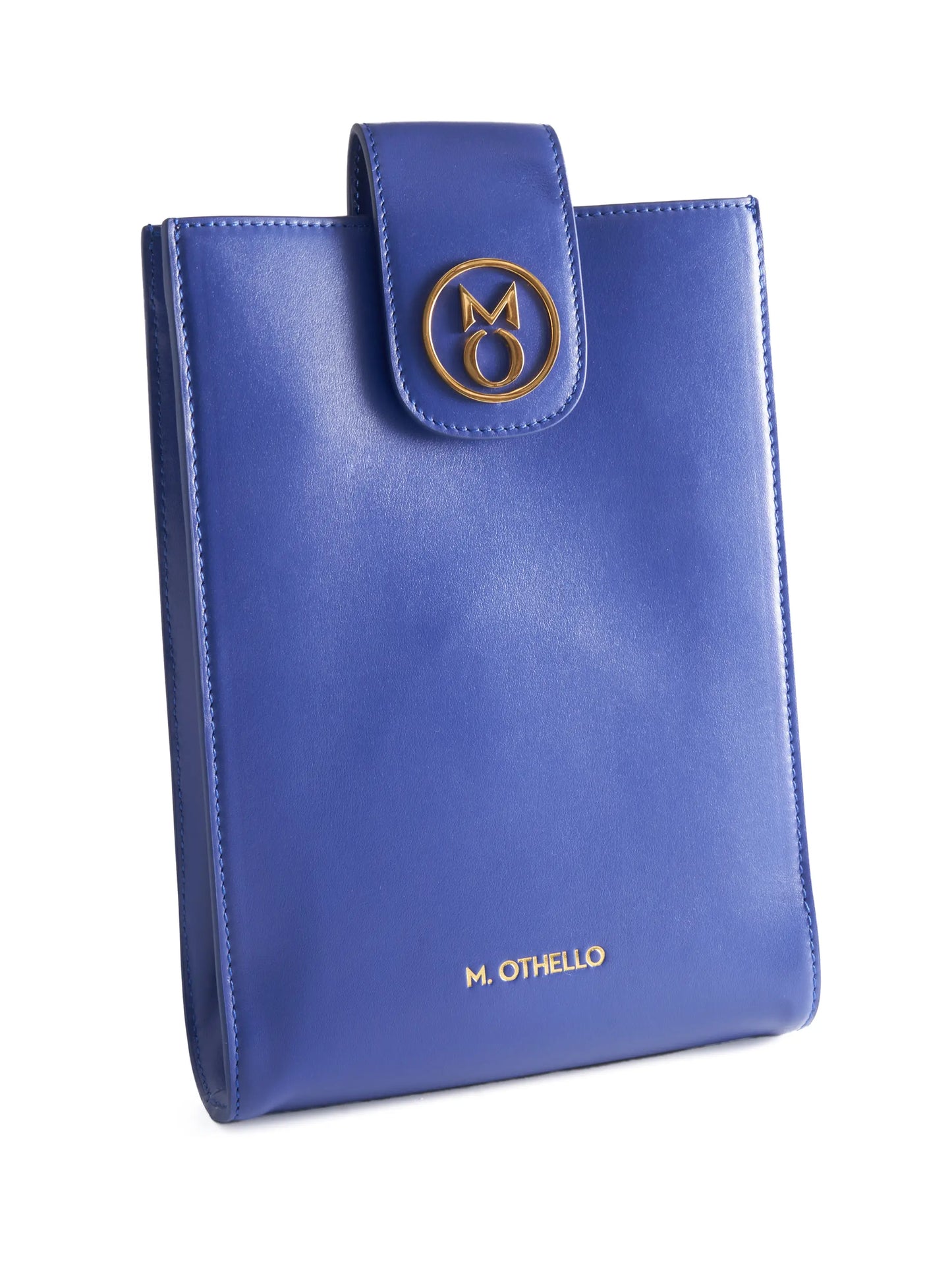 Cobalt Blue Crossbody Bag with 'M. Othello' branding on a light background