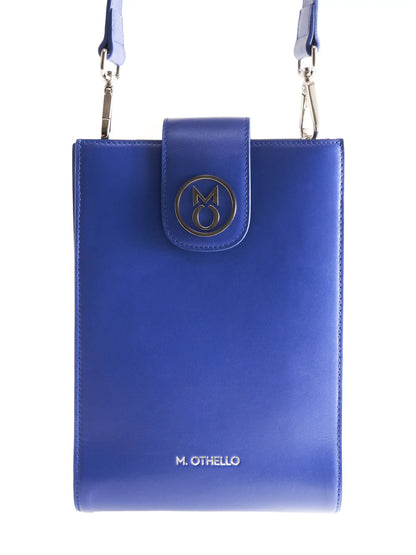 Cobalt Blue Crossbody Bag with 'M. Othello' branding on a light background
