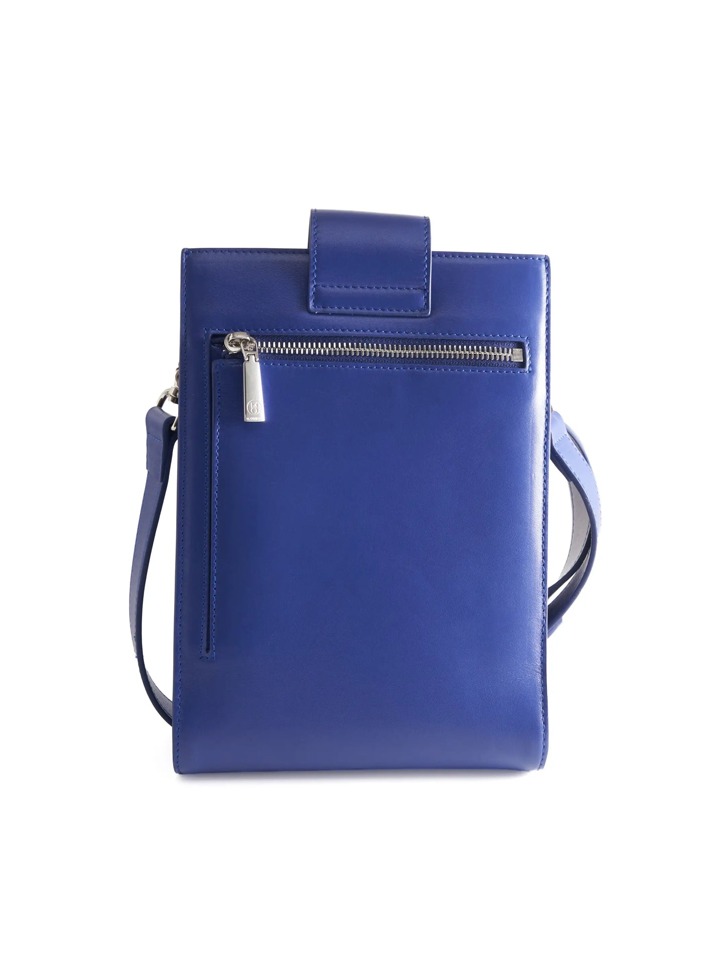 Cobalt Blue Crossbody Bag with 'M. Othello' branding on a light background