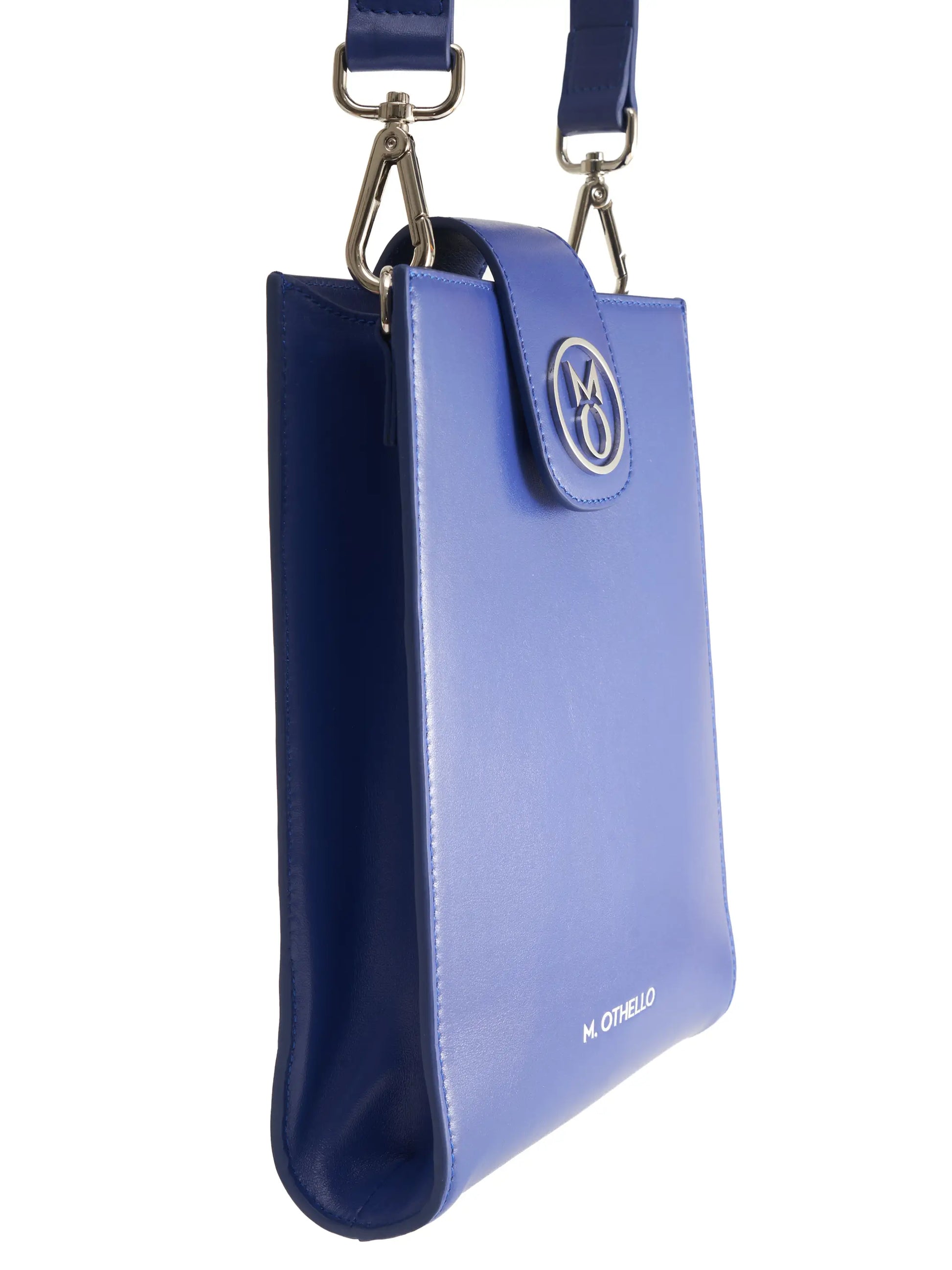Cobalt Blue Crossbody Bag with 'M. Othello' branding on a light background