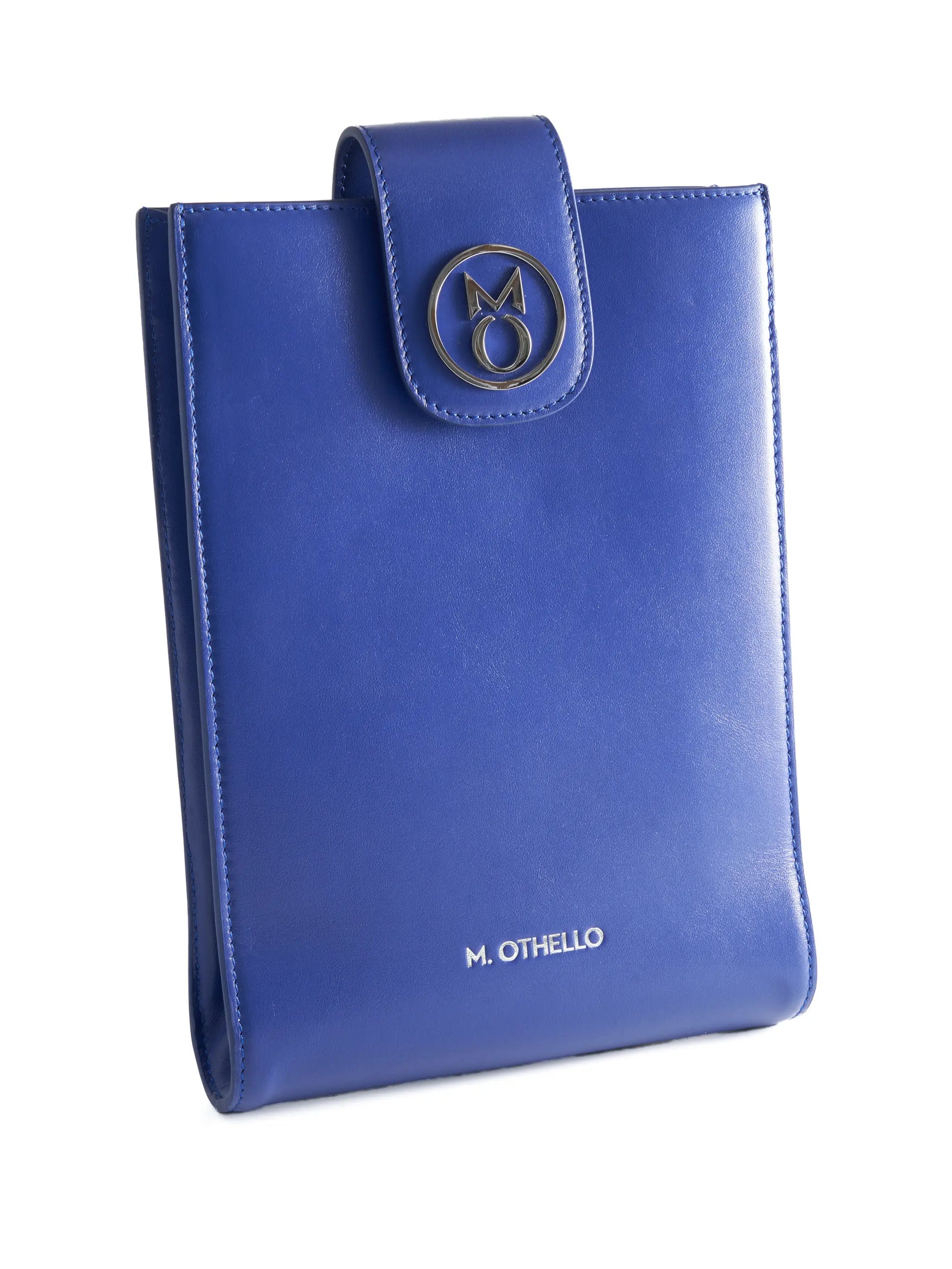 Cobalt Blue Crossbody Bag with 'M. Othello' branding on a light background