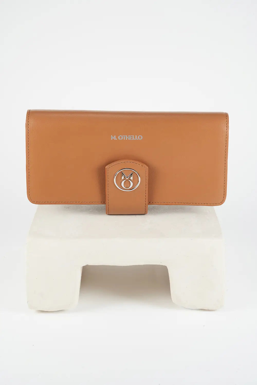 Brown wallet with a brand logo on a white background
