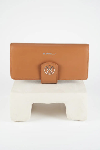 Brown wallet with a brand logo on a white background