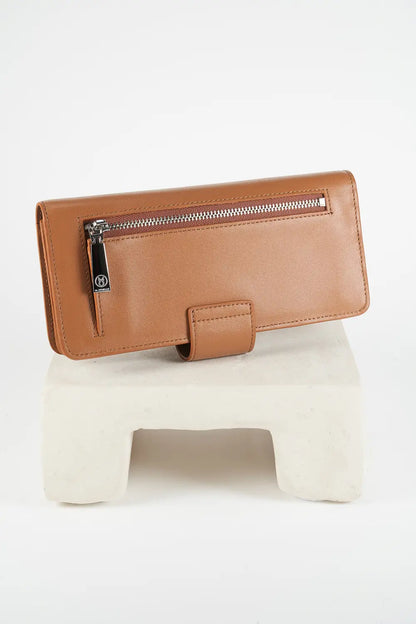 Brown wallet with a zipper on a white stand against a white background