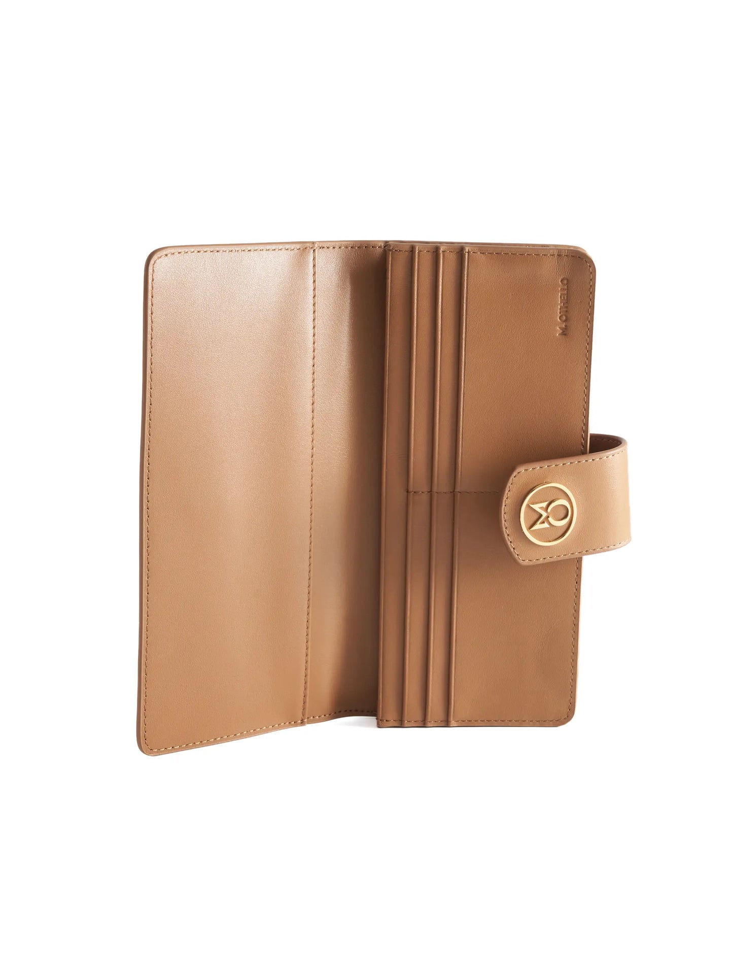 Camel Brown leather wallet with 'M. Othello' branding on a light background
