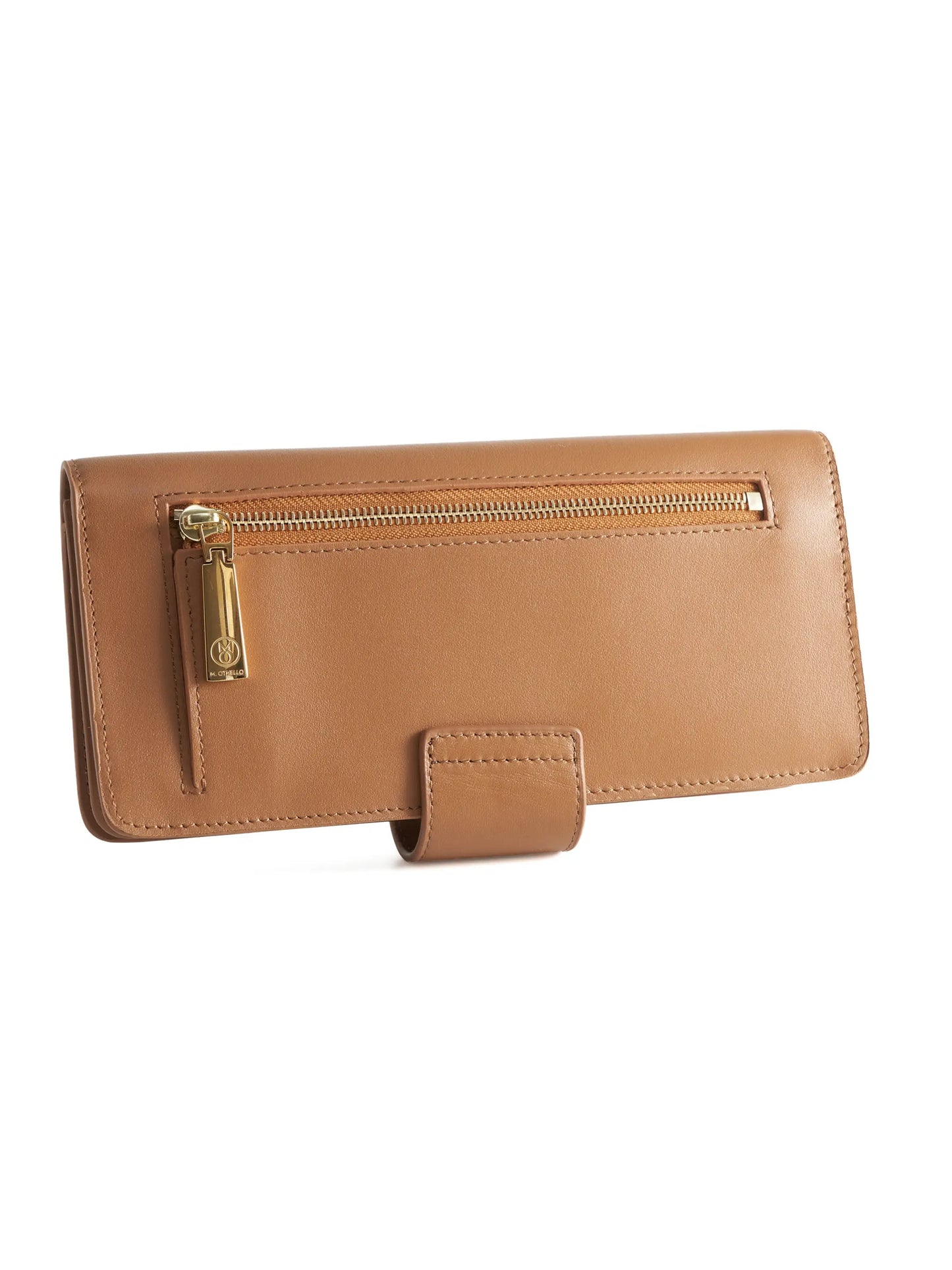 Camel Brown leather wallet with 'M. Othello' branding on a light background