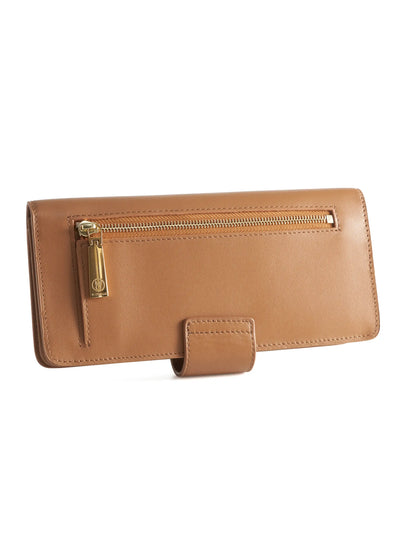 Camel Brown leather wallet with 'M. Othello' branding on a light background