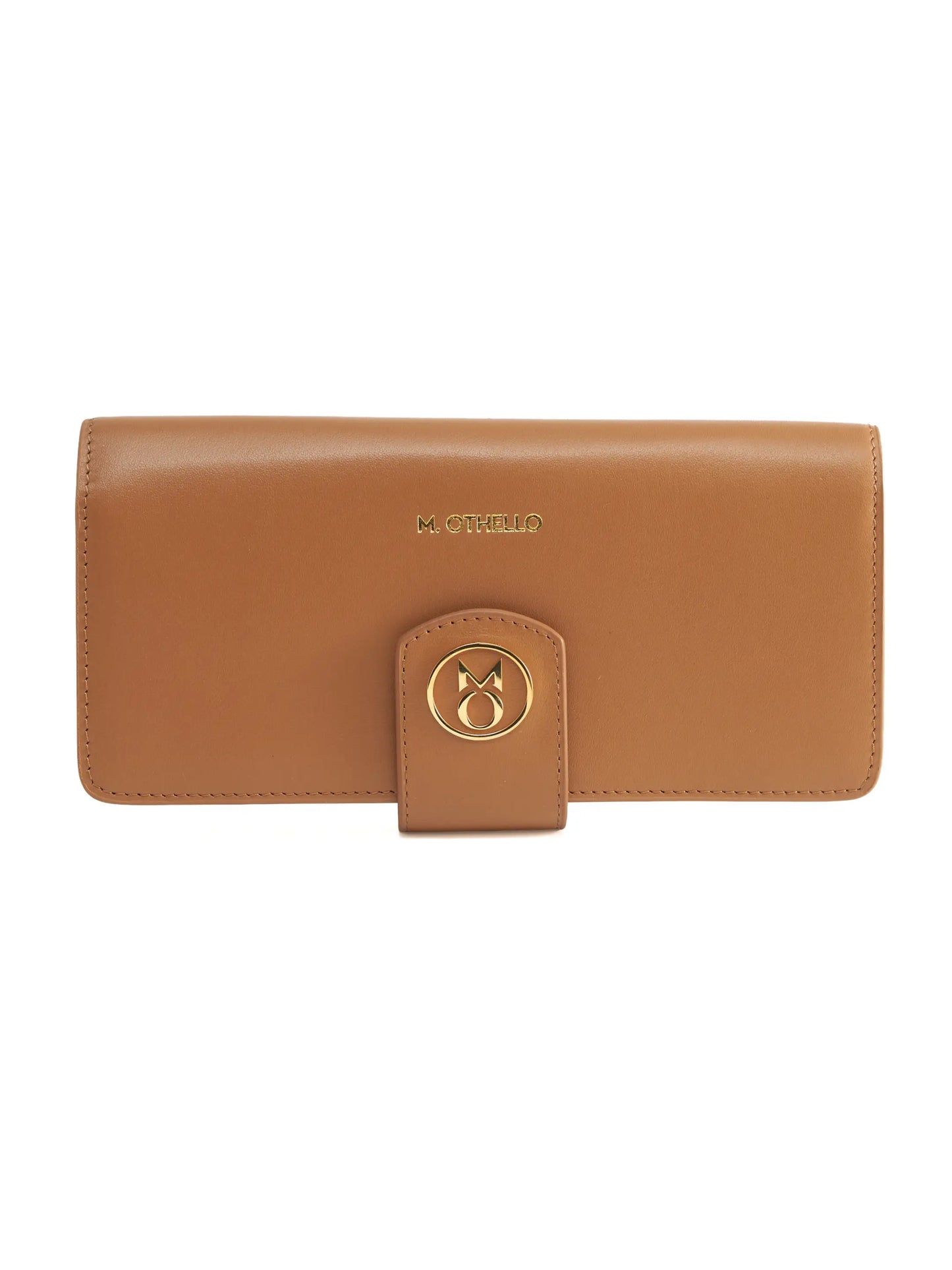 Camel Brown leather wallet with 'M. Othello' branding on a light background