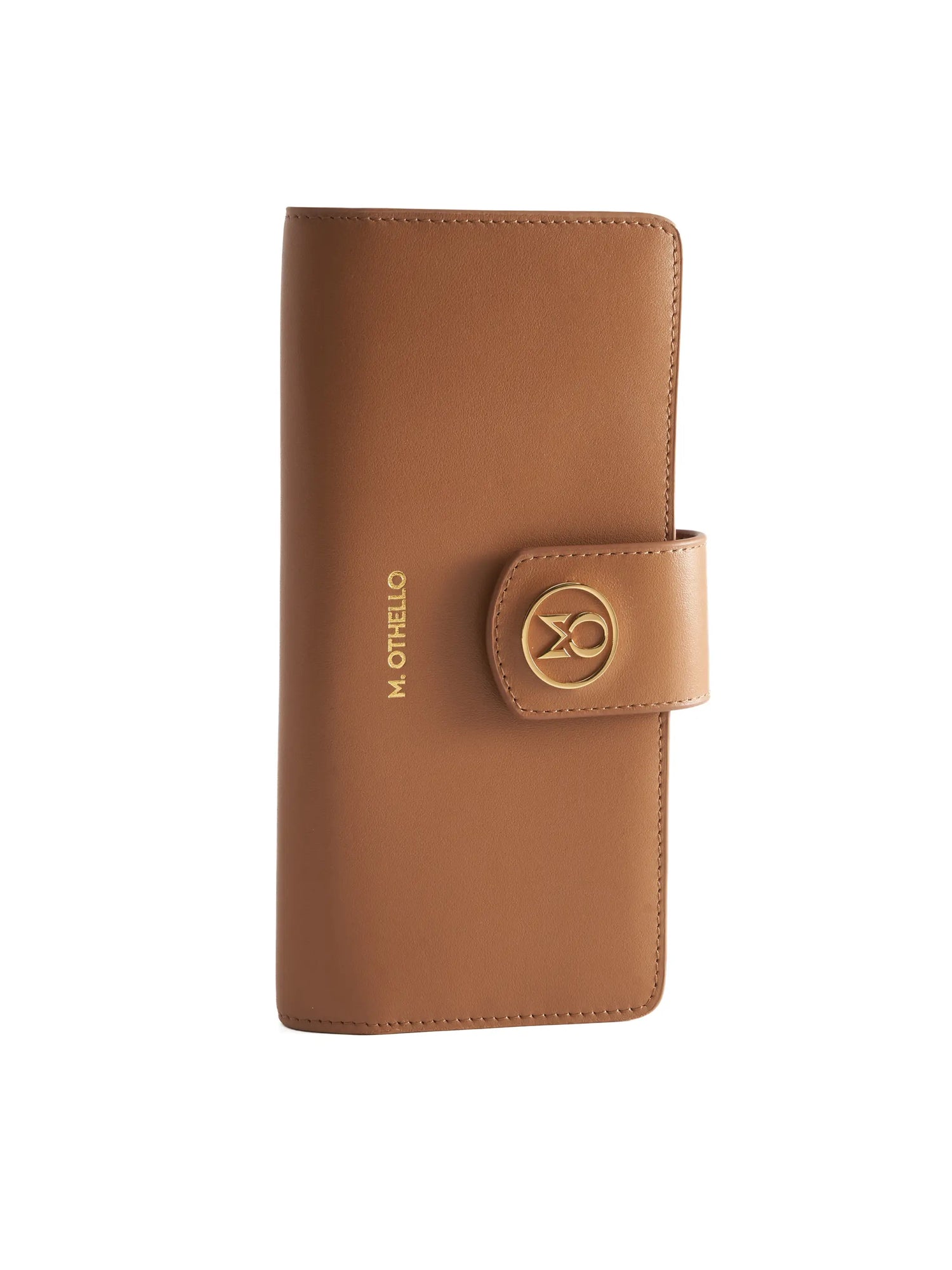 Camel Brown leather wallet with 'M. Othello' branding on a light background