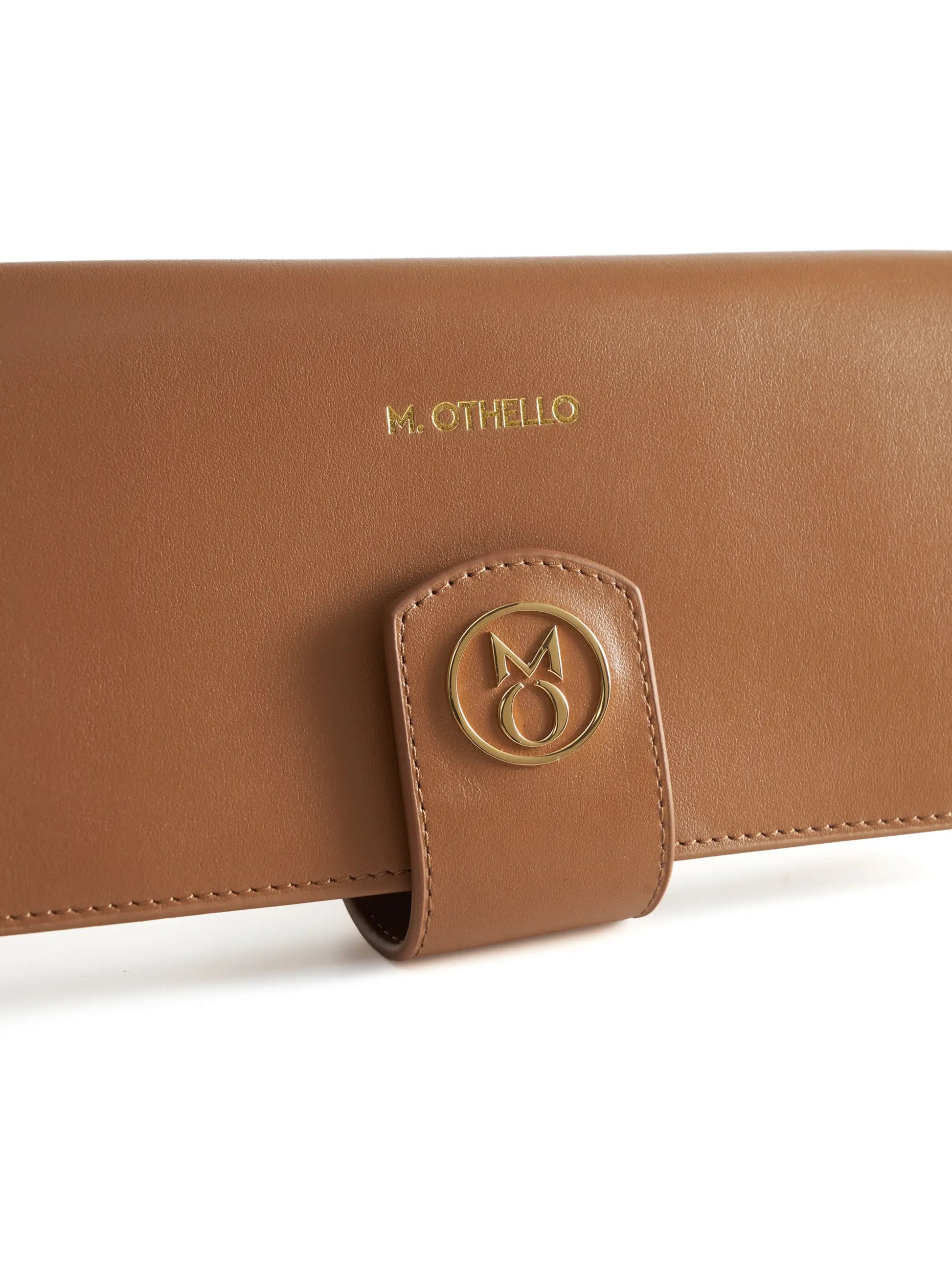 Camel Brown leather wallet with 'M. Othello' branding on a light background