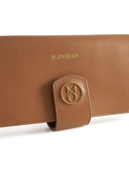 Camel Brown leather wallet with 'M. Othello' branding on a light background