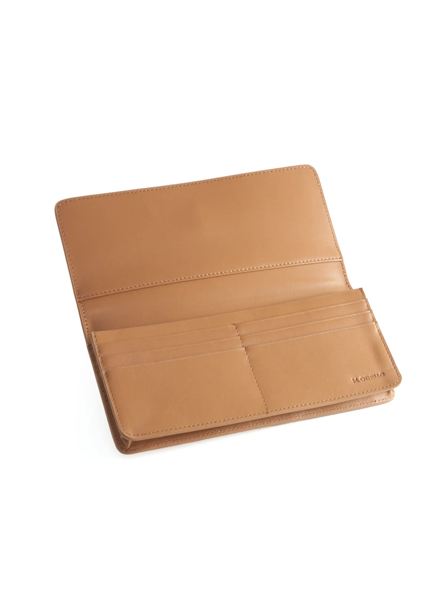 Camel Brown leather wallet with 'M. Othello' branding on a light background