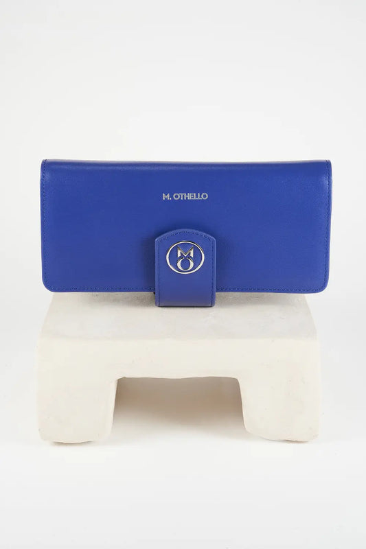 Blue wallet with brand logo on a light background