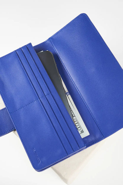 Blue wallet with brand logo on a light background