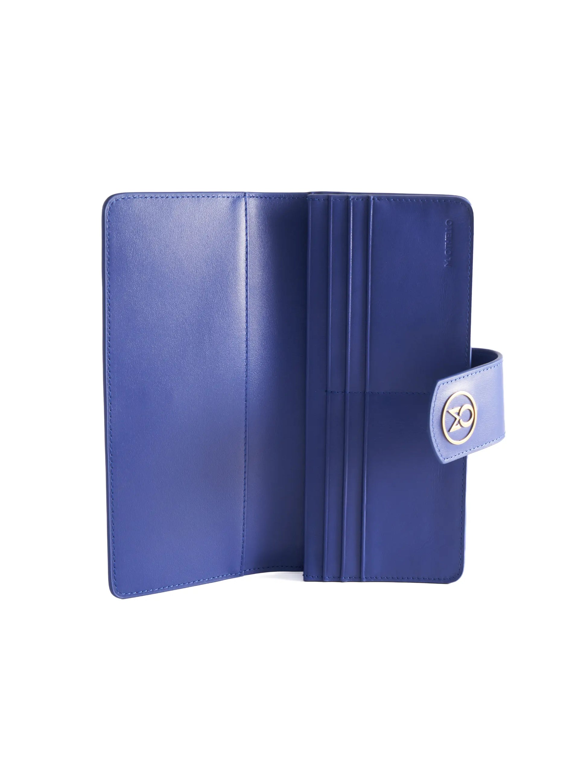 Cobalt Blue leather wallet with 'M. Othello' branding on a light background