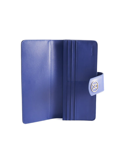 Cobalt Blue leather wallet with 'M. Othello' branding on a light background