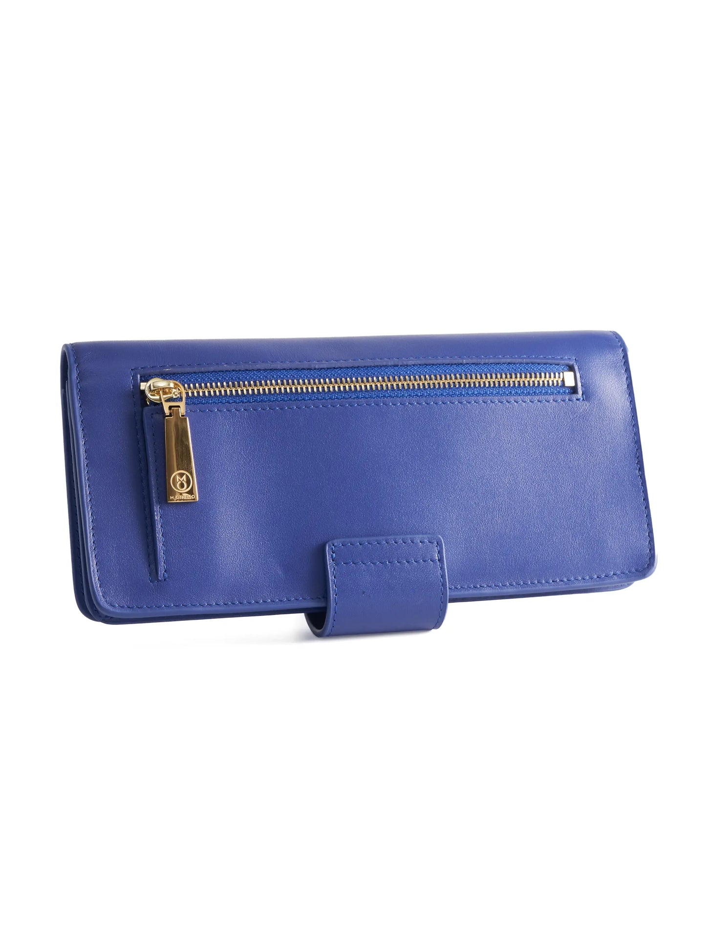 Cobalt Blue leather wallet with 'M. Othello' branding on a light background