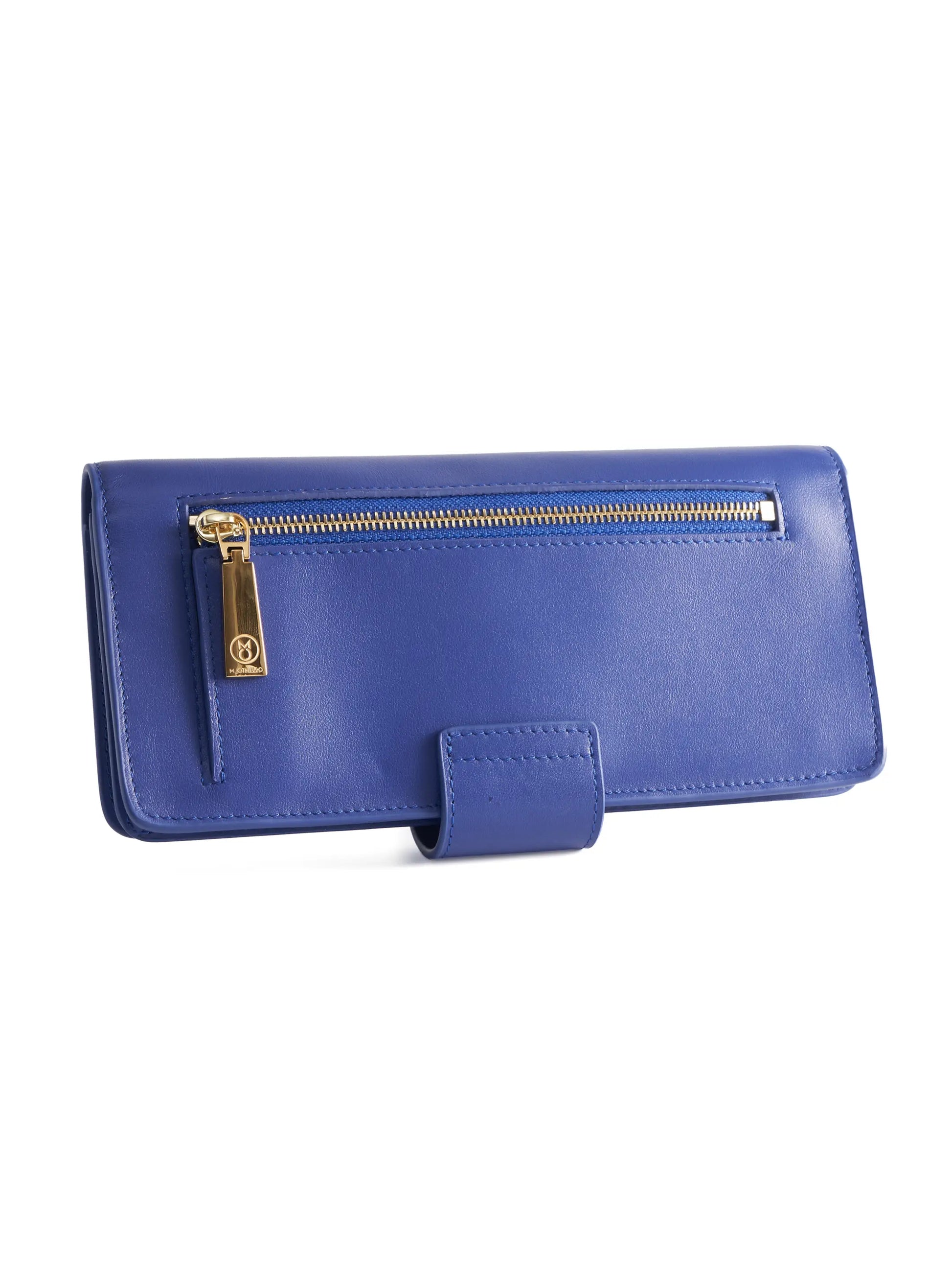 Cobalt Blue leather wallet with 'M. Othello' branding on a light background