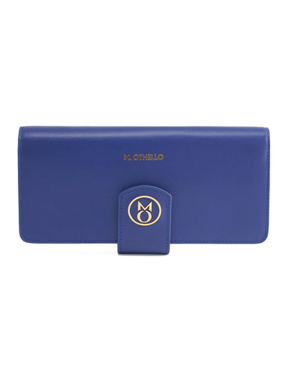 Cobalt Blue leather wallet with 'M. Othello' branding on a light background