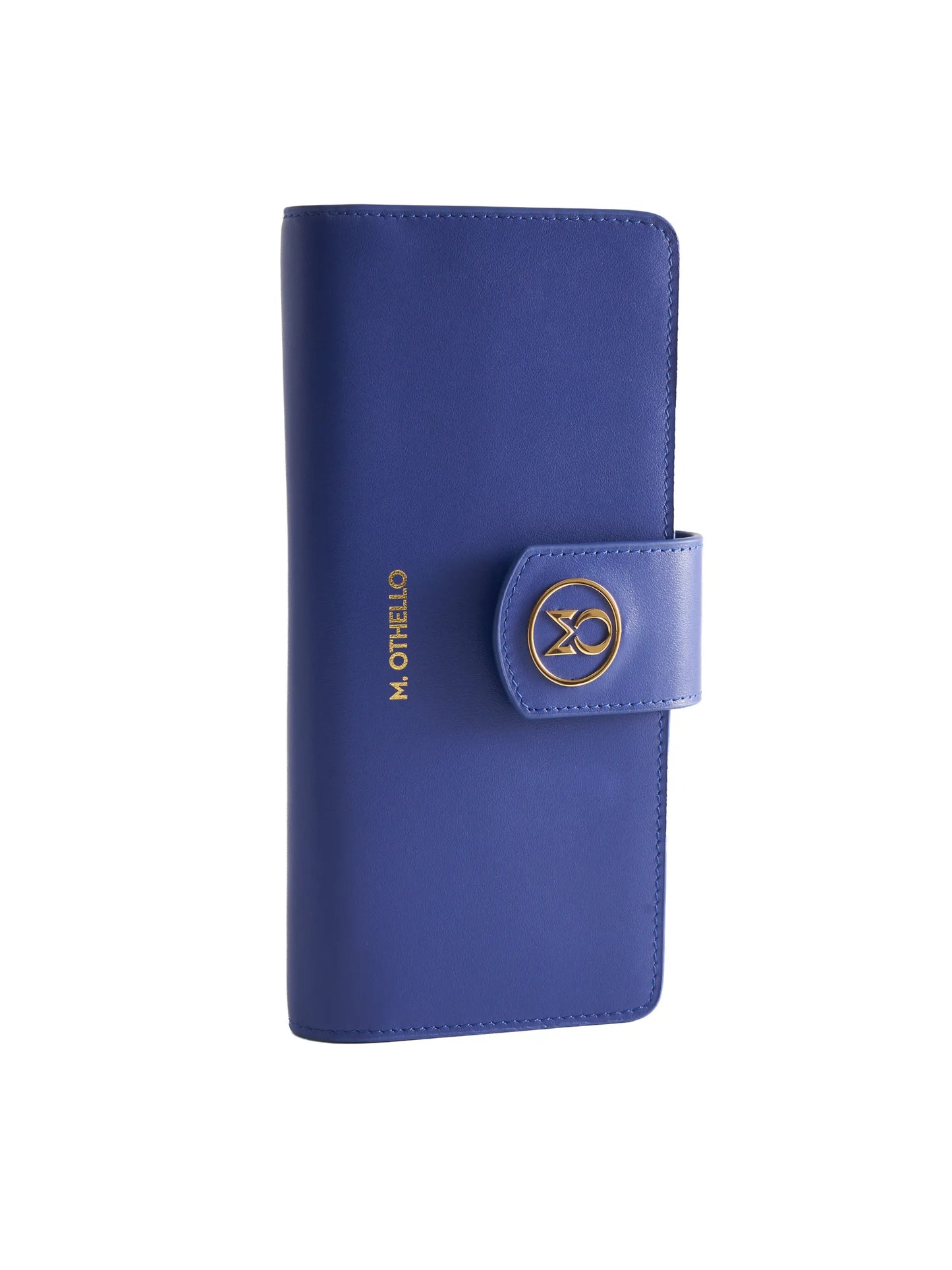 Cobalt Blue leather wallet with 'M. Othello' branding on a light background