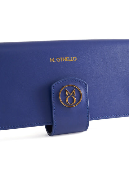 Cobalt Blue leather wallet with 'M. Othello' branding on a light background