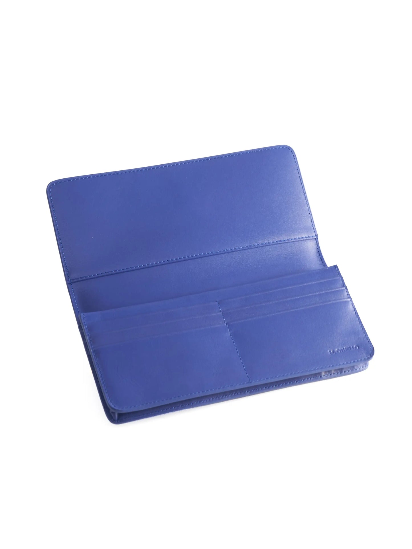 Cobalt Blue leather wallet with 'M. Othello' branding on a light background
