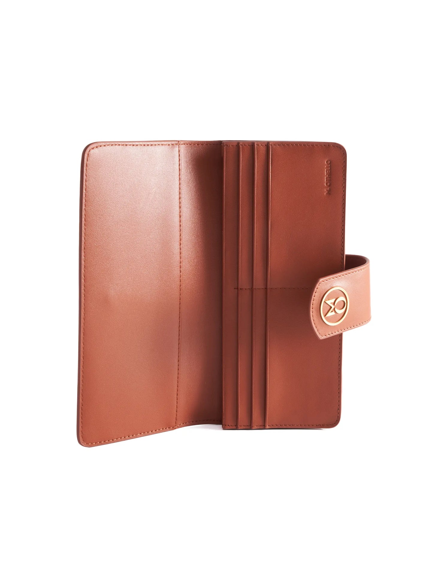 Rust Brown leather wallet with 'M. Othello' branding on a light background