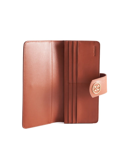 Rust Brown leather wallet with 'M. Othello' branding on a light background