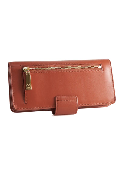 Rust Brown leather wallet with 'M. Othello' branding on a light background