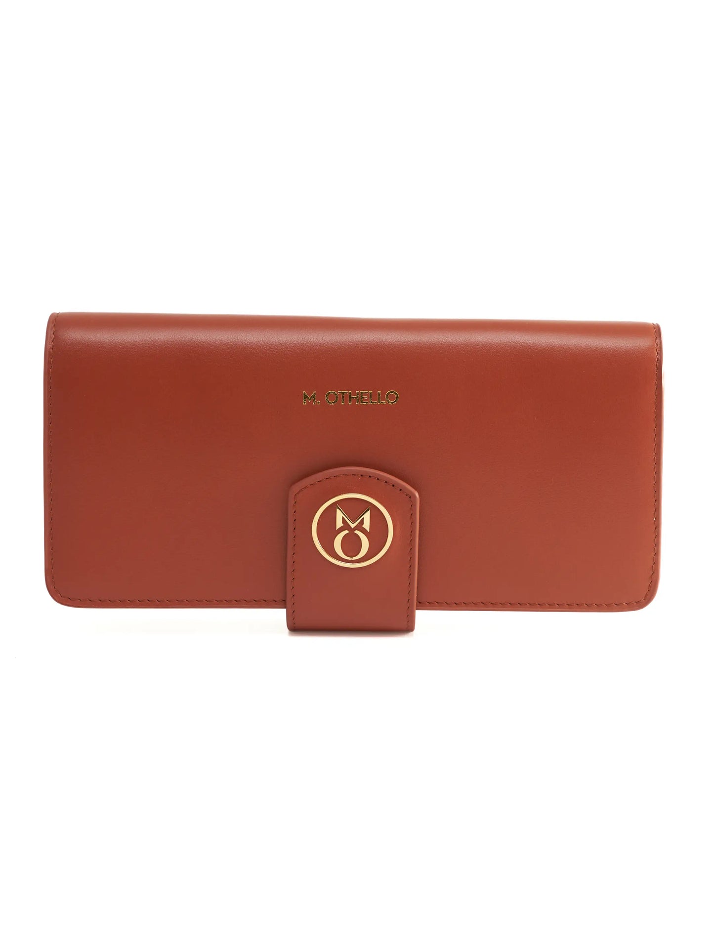 Rust Brown leather wallet with 'M. Othello' branding on a light background
