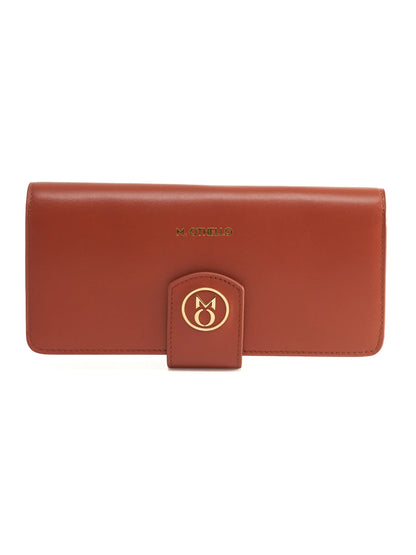Rust Brown leather wallet with 'M. Othello' branding on a light background