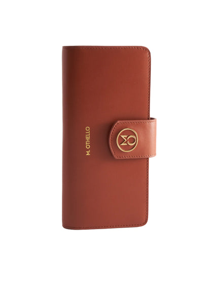 Rust Brown leather wallet with 'M. Othello' branding on a light background