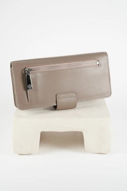 Gray leather phone wallet with 'M. Othello' branding on a light background